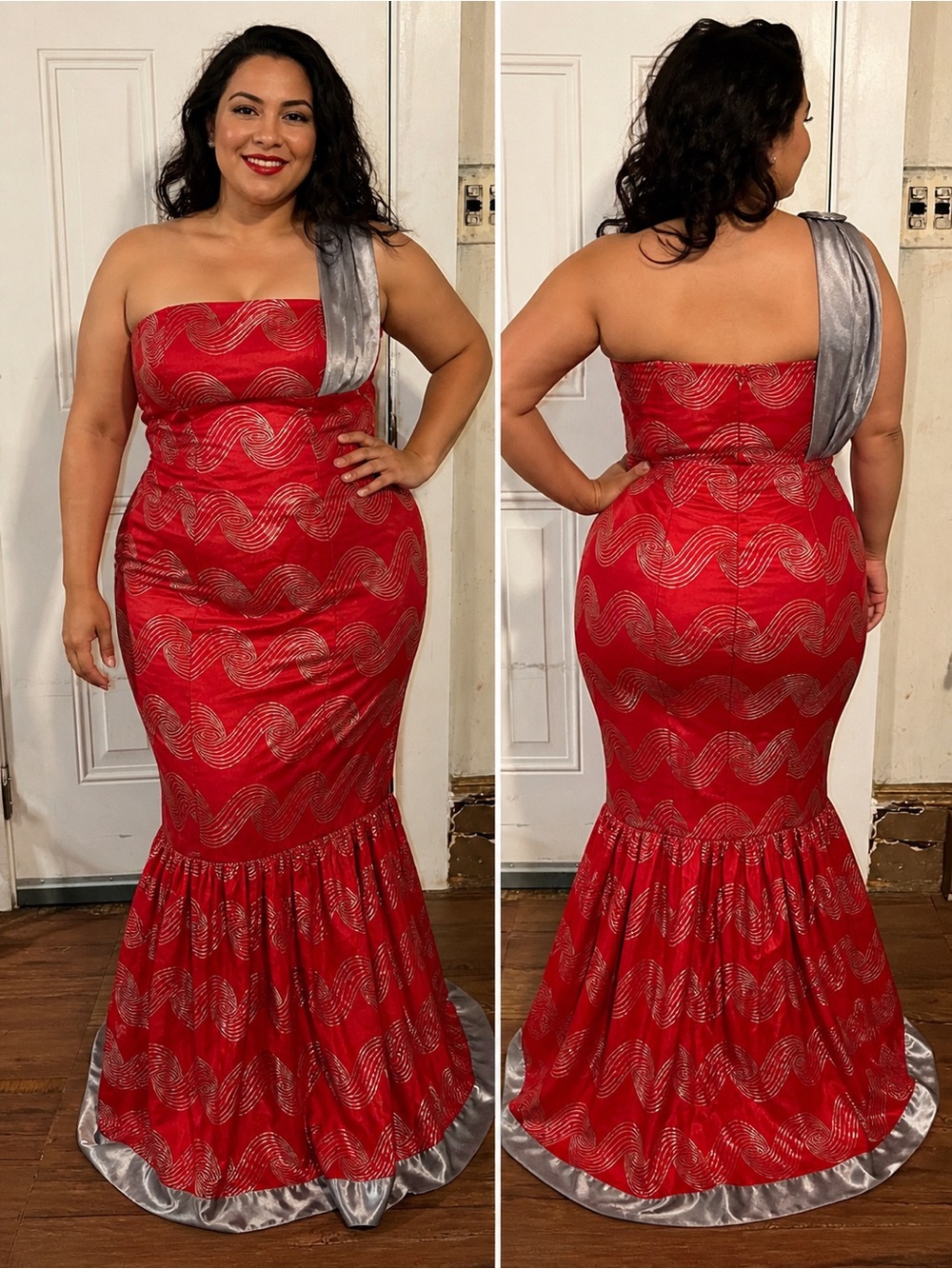 Handmade Red & Silver One-Shoulder Mermaid Gown | Strapless Formal Dress